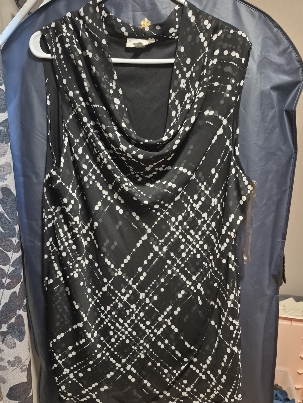 dressbarn Black & White Dotted Grid Sleeveless Cowl Neck Blouse